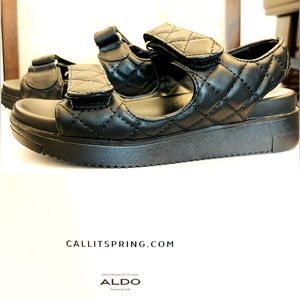 Call It Spring by Aldo Group, Black Vegan Leather Strap Sandal. Size 5 (US).